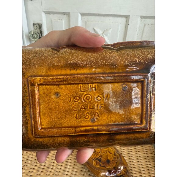 Vintage MCM California Pottery Ashtray Cigarette Box Set Brown Gold Floral - Picture 5 of 15